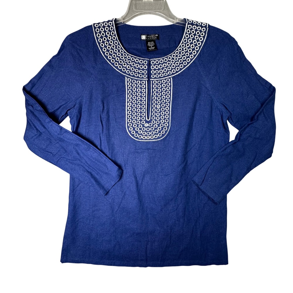 Carole Little Linen Blend Embroidered Bib Top Boho Coastal Size S Royal Blue
